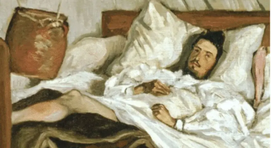Un hombre en cama, pálido y con mirada perdida, evoca el dolor y la reflexión de "La muerte de Iván Ilich resumen".