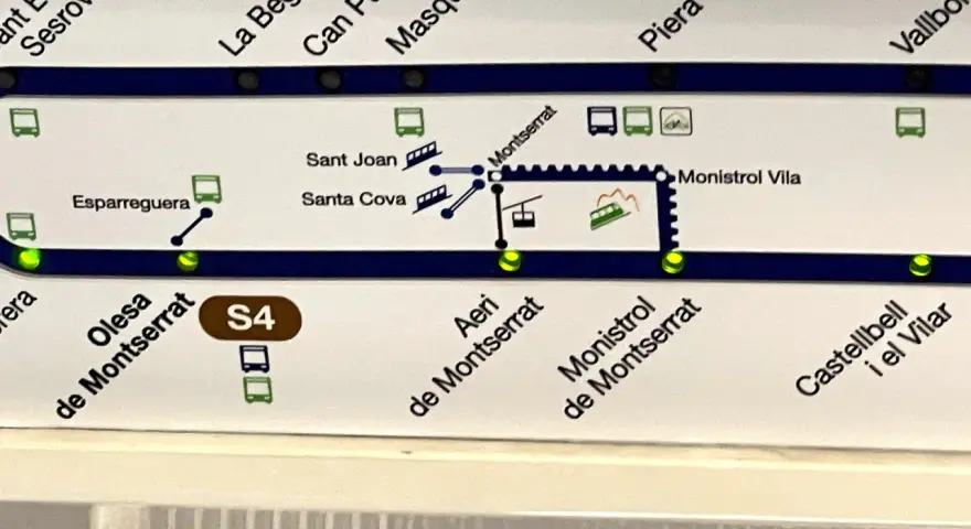 A train route map showing the S4 line with stations like Esparreguera, Montserrat, and Castellbell.