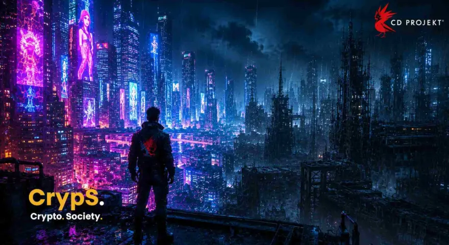 Mroczne, neonowe miasto w stylu cyberpunk 2. Postać patrzy na rozświetlone wieżowce.
