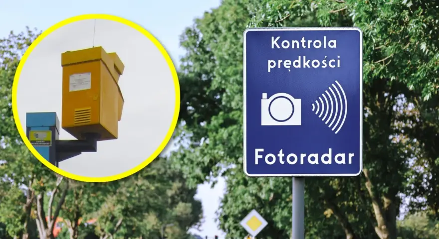 Żółty fotoradar na słupie, obok niebieskiej skrzynki z napisem "Obiekt monitorowany". Znak "Kontrola prędkości Fotoradar" ostrzega kierowców.