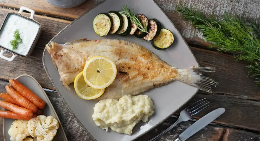 Gebratene Scholle, ein köstlicher Plattfisch, serviert mit Zucchini, Kartoffelpüree, Karotten und Blumenkohl. Zitronenscheiben und Kräuter garnieren das Gericht.