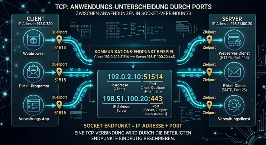 TCP nutzt Ports zur Unterscheidung von Anwendungen. Ein Socket-Endpunkt kombiniert IP-Adresse und Port, um eine TCP-Verbindung eindeutig zu beschreiben.
