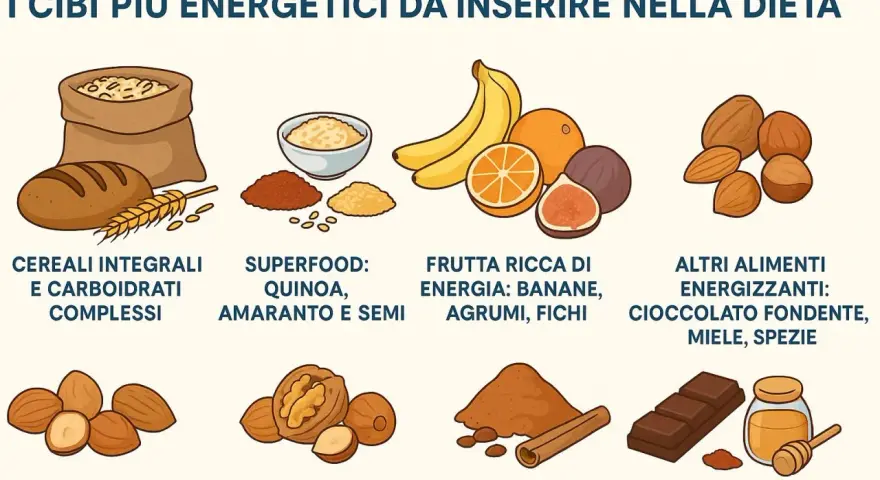 Cibi energetici per una dieta equilibrata, utili anche per chi soffre di ADHD: cereali, superfood, frutta, frutta secca, cioccolato, miele.