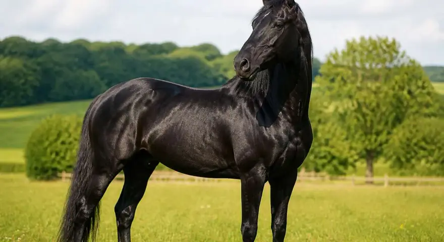 Magnifique cheval noir, digne d'un Jappeloup, se tient dans un pré verdoyant sous un ciel bleu.
