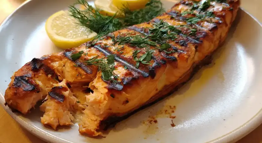 En saftig bit lax, perfekt grillad med fina ränder. Serverad med citronklyftor och dill. En härlig måltid att grilla lax till.