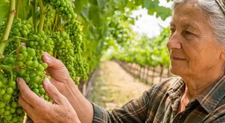 Donna anziana controlla i grappoli d'uva verde in vigna, seguendo il calendario trattamenti vigneto.