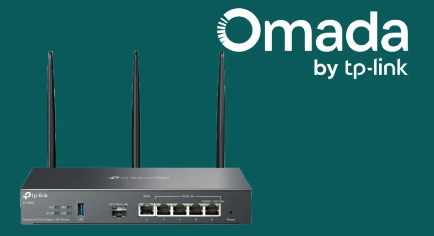 TP-Link Omada ER706W router med tre antenner. En del av Omada-serien från TP-Link.
