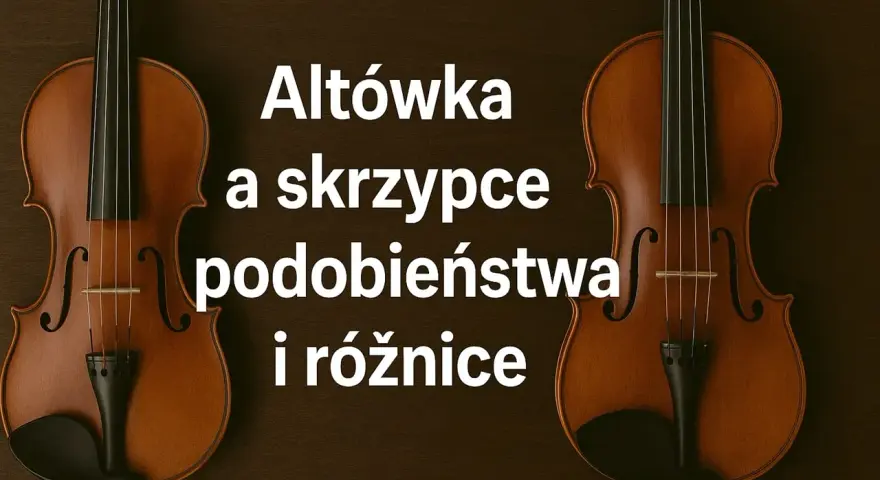 Dwa skrzypce i altówka, instrumenty smyczkowe, obok siebie. Tekst: "Altówka a skrzypce podobieństwa i różnice".