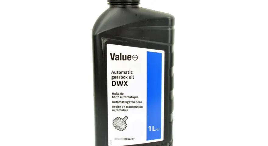 Czarna butelka oleju do automatycznej skrzyni biegów DWX 1L z etykietą Value i logo Renault.