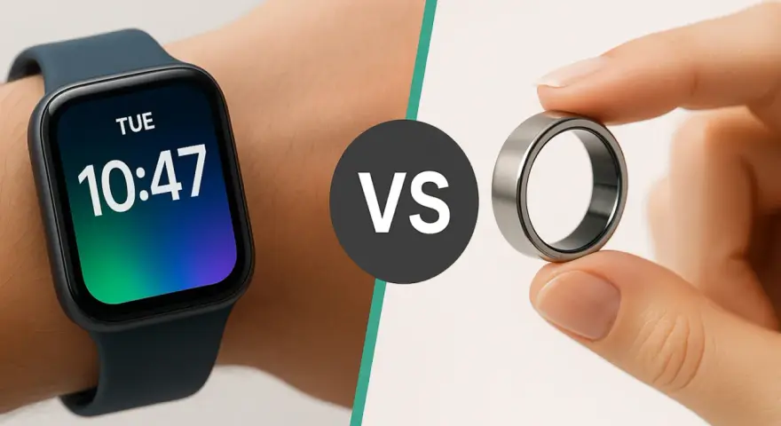 Eine Smartwatch am Handgelenk zeigt die Uhrzeit. Daneben hält eine Hand einen smarten Ring. Was ist eine Smartwatch?