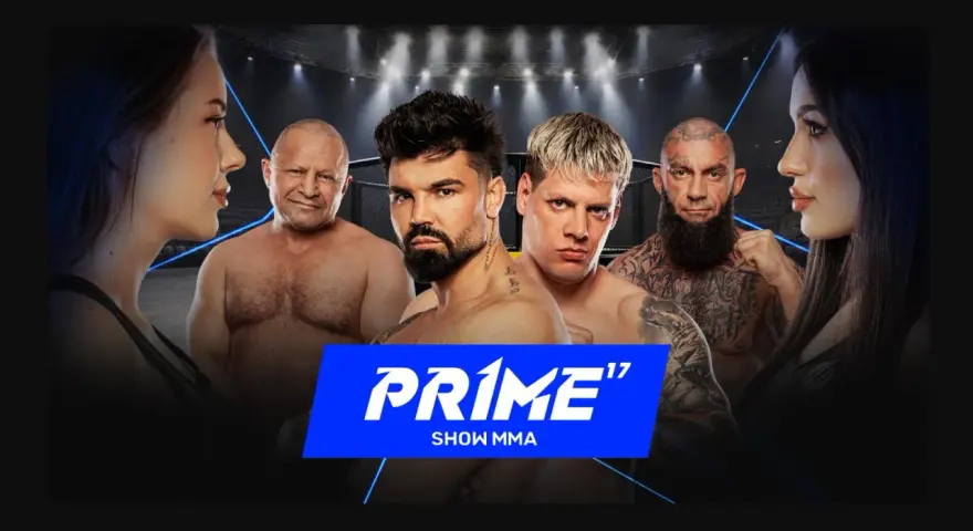 Gala PRIME Show MMA: czterech zawodników MMA i dwie kobiety na tle klatki.