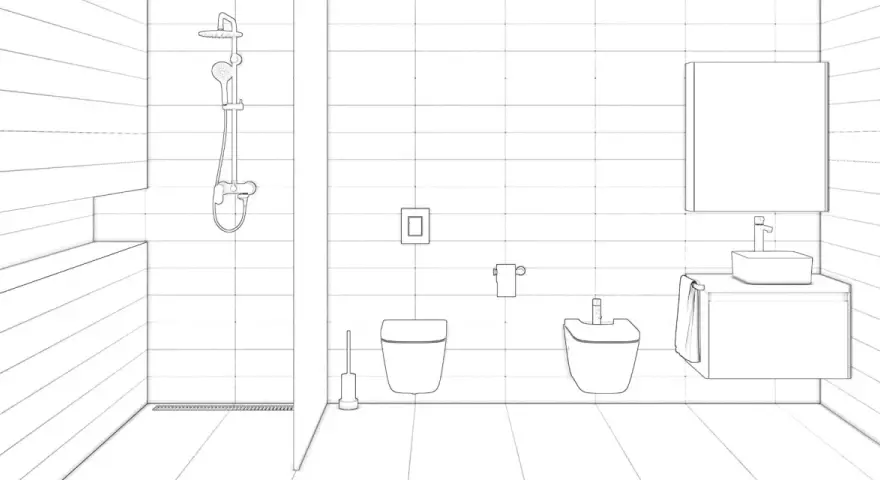 Salle de bain moderne avec douche, lavabo, miroir, toilettes et bidet. Le calepinage du carrelage est visible sur les murs et le sol.