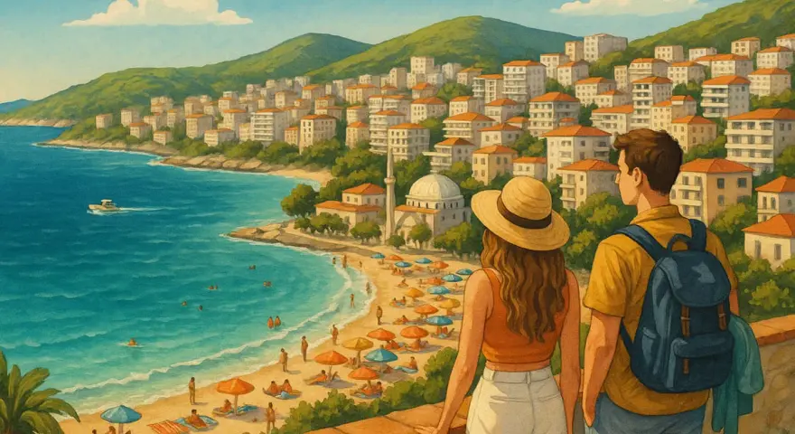 Para młoda podziwia widok na albańskie wybrzeże z miastem i plażą. Czy warto jechać do Albanii? Widok sugeruje, że tak!