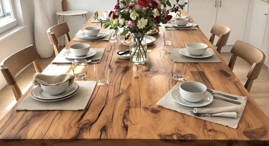 Une table en bois rustique est dressée pour un repas, avec des assiettes, des bols, des verres et un bouquet de fleurs.