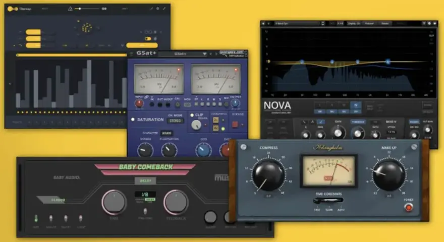 Verschiedene Audio-Plugins, darunter ein EQ, ein Kompressor und ein Delay-Effekt, die als aax plugin für Musikproduktion genutzt werden.