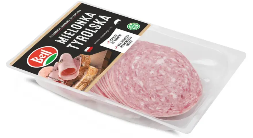Plastikowe opakowanie z plastrami mielonki tyrolskiej Bell. Idealna na kanapki, bez dodatku wzmacniaczy smaku.