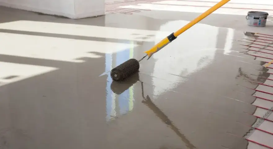 Wałek do betonu wygładza świeżą posadzkę, przygotowując ją pod ogrzewanie podłogowe.