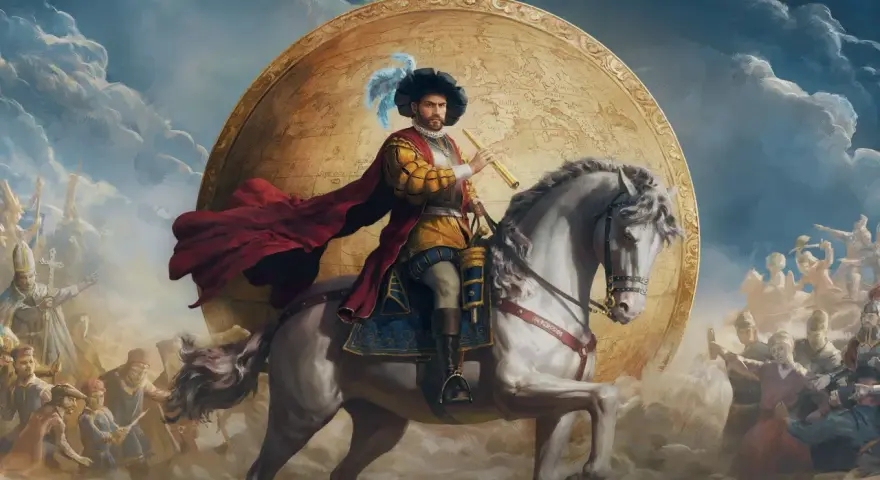 Un conquistador a caballo, con un astrolabio, frente a un globo terráqueo que muestra Europa. A su alrededor, figuras históricas y multitudes celebran la era de Europa Universalis V.