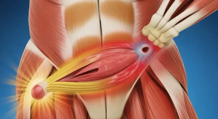Anatomie montrant une déchirure abdominale, avec des zones rouges indiquant la douleur et l'inflammation. Symptômes d'une déchirure abdominale.