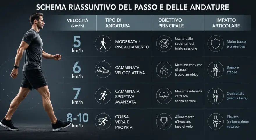 Schema che illustra il significato delle andature: dalla camminata leggera alla corsa, con velocità, impatto articolare e obiettivi.