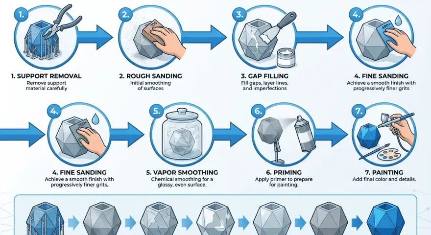 Workflow for 3D printing post processing: support removal, rough and fine sanding, gap filling, vapor smoothing, priming, and painting for a perfect finish.