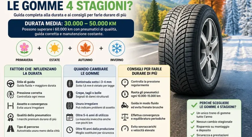 Quanto durano le gomme 4 stagioni? Guida alla durata media (30.000-50.000 km) e consigli per farle durare di più.