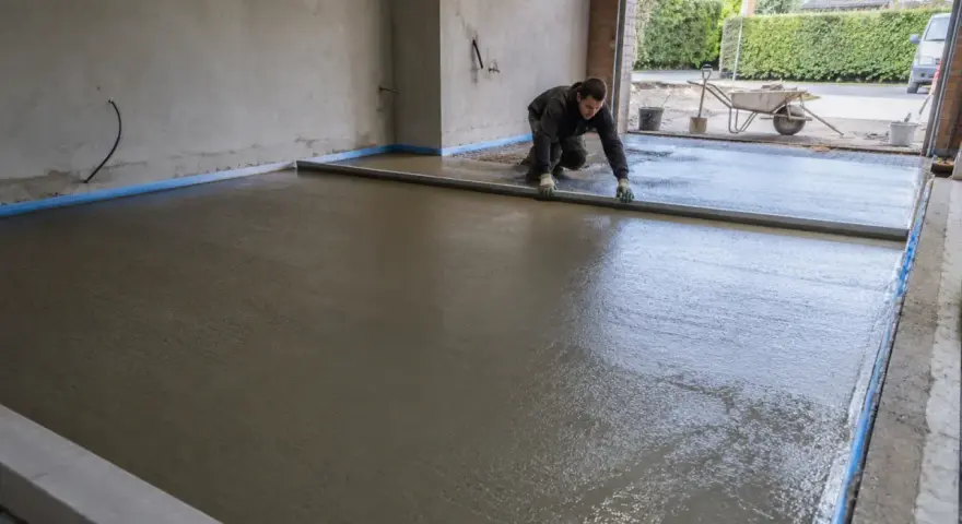 Pracownik wyrównuje świeżą wylewkę pod taras na gruncie, przygotowując solidną podstawę.