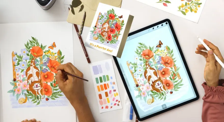 Ilustración de un gato entre flores, creada con gouache. Se ve el proceso en papel y en tablet.