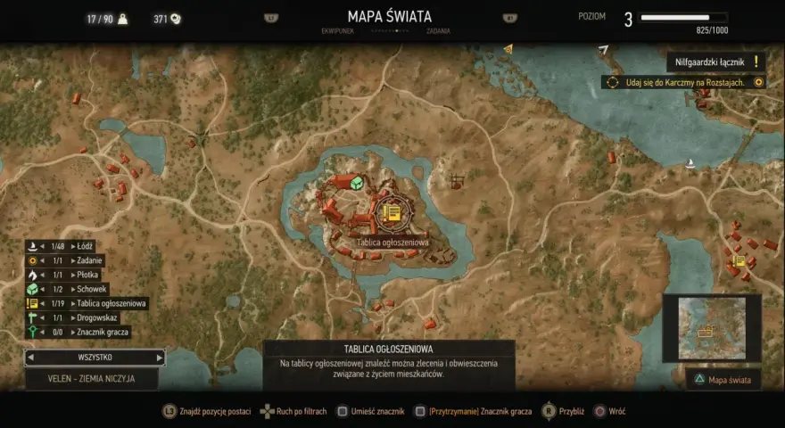 Mapa świata Wiedźmin 3, z zaznaczoną tablicą ogłoszeniową i zadaniem "Nilfgaardzki łącznik". Gra dostępna w ramach Game Pass.