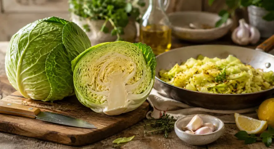 Cavolo cappuccio intero e tagliato a metà, con un contorno di cavolo cappuccio saltato in padella, aglio, limone e erbe aromatiche.