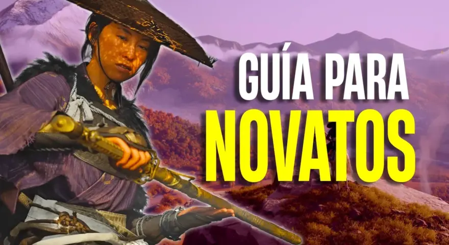 Guía para novatos de Ghost of Yotei. Un samurái con sombrero de paja y armadura morada sostiene una katana dorada en un paisaje montañoso.