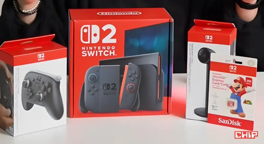 Premiera Nintendo Switch: konsola, kontroler Pro, karta pamięci SanDisk z Mario i akcesorium.