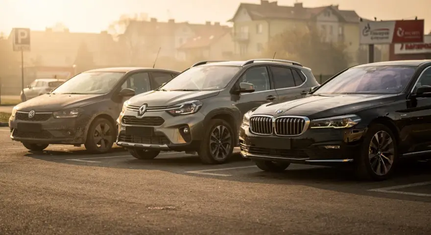 Trzy samochody: ciemny Volkswagen, zielony Renault i czarny BMW, zaparkowane na placu. Wszystkie bez prawa rejestracji.