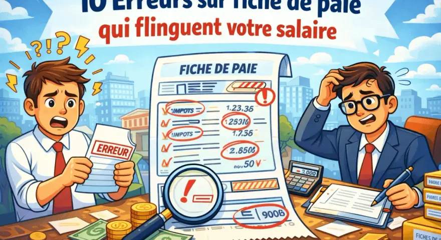 Deux hommes paniqués devant une fiche de paie pleine d'erreurs. Une illustration qui rappelle l'importance de vérifier son salaire, surtout en ce 1er mai, jour de travail pour certains.