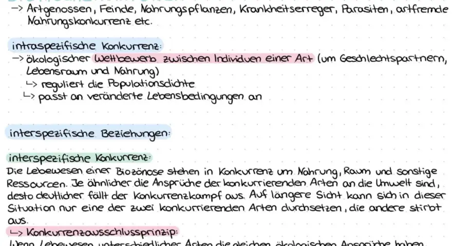 Zwischen verschiedenen Arten findet **interspezifische Konkurrenz** um Nahrung und Lebensraum statt. Ähnliche Ansprüche führen zu heftigen Kämpfen, bei denen eine Art verdrängt wird.