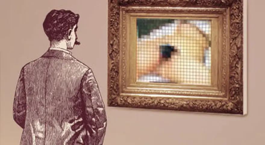 Un homme regarde un tableau encadré, une scène floue et pixélisée évoquant le sommeil de Courbet.
