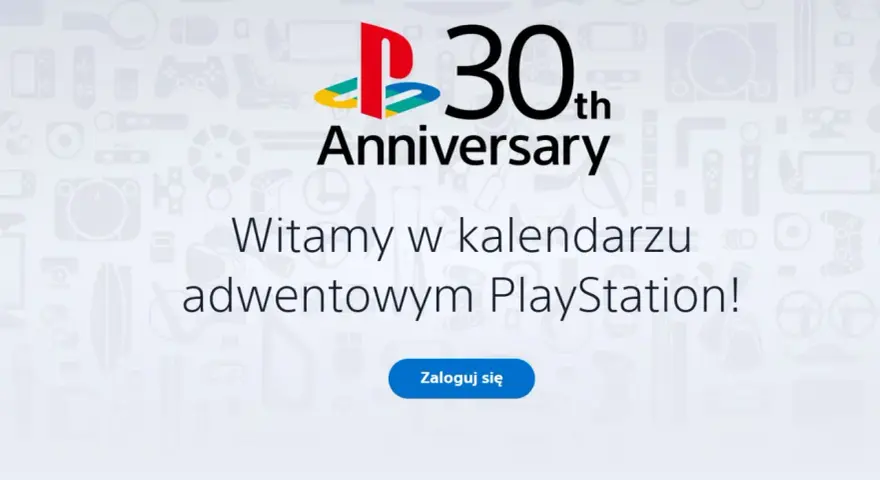 Logo PlayStation 30th Anniversary i tekst "Witamy w kalendarzu adwentowym PlayStation!".