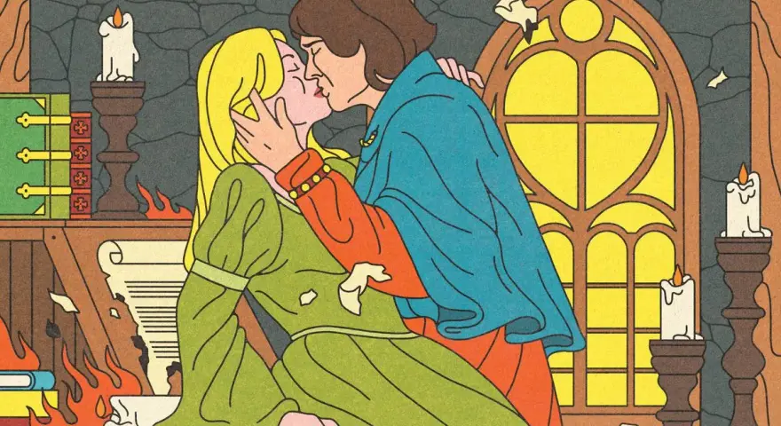 Un baiser passionné entre Héloïse et Abélard, dans une bibliothèque embrasée par la passion et le savoir.