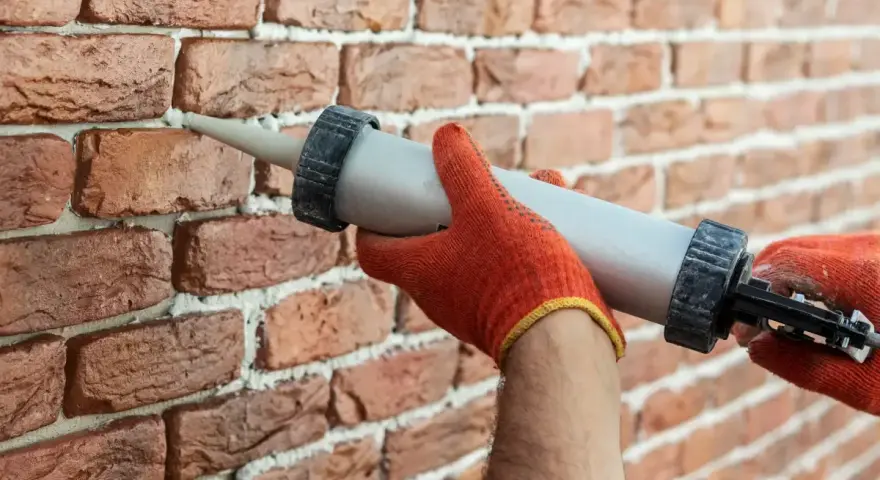 Ręce w pomarańczowych rękawiczkach używają pistoletu do fugowania, by wypełnić ubytki w ceglanej ścianie.