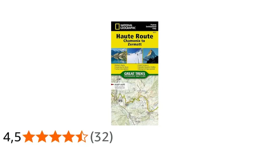 Mapa National Geographic "Haute Route Chamonix to Zermatt" z opisem tras, profilami wysokości i informacją o wodoodporności. Idealna na wyprawy.
