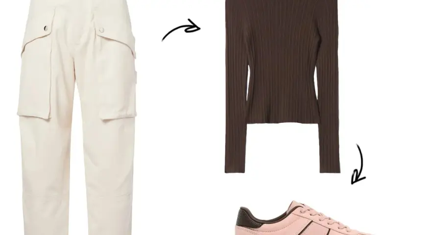 Outfit con pantaloni cargo color crema, maglia marrone a coste e sneakers rosa.