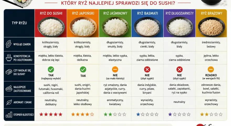 Jaki ryż do sushi? Porównanie typów ryżu: krótkoziarnisty, japoński, jaśminowy, basmati, długoziarnisty, brązowy. Idealny do sushi jest ryż krótkoziarnisty.