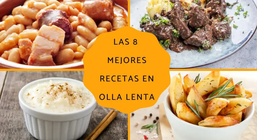 Collage de cuatro platos: judías con chorizo, estofado de carne, arroz con leche y patatas asadas.