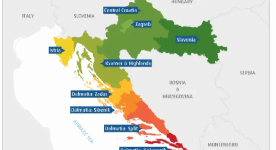 Mapa Chorwacji z zaznaczonymi regionami. Dalmacja, gdzie jest? Rozciąga się wzdłuż wybrzeża Adriatyku, od Zadaru po Dubrownik.