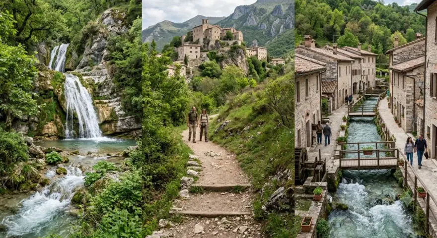 Cascate del Menotre: un sentiero panoramico porta a cascate spettacolari e a un borgo medievale con un ruscello che scorre tra le case.
