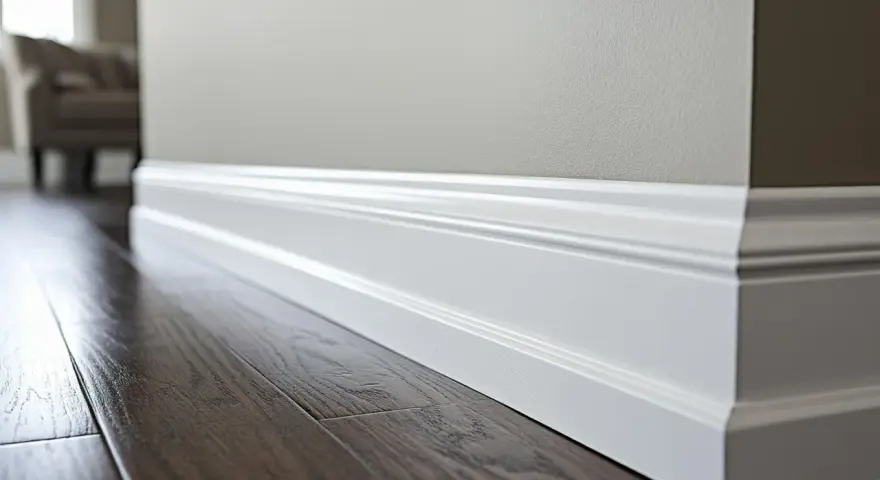 Eleganckie białe listwy przypodłogowe, idealnie dopasowane do ciemnej podłogi. Wybór między listwami 8 czy 10 cm podkreśli styl wnętrza.