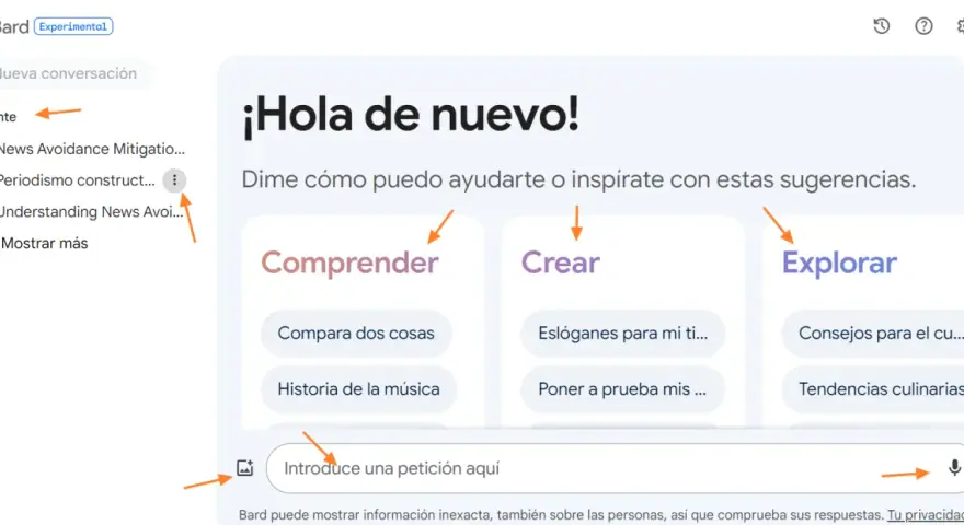 Bard, tu asistente IA, te da la bienvenida. Pide ayuda para comprender, crear o explorar.
