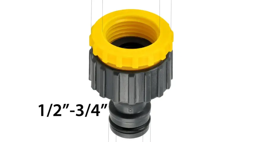 Złączka do węża ogrodowego 1/2"-3/4" z żółtą nakrętką. Ułatwia podłączenie szlaufa do kranu.