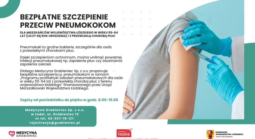 Bezpieczne szczepienie przeciw pneumokokom dla mieszkańców woj. łódzkiego 55-64 lat z chorobami płuc. Zapisy na bezpłatną pneumokoki szczepionkę.