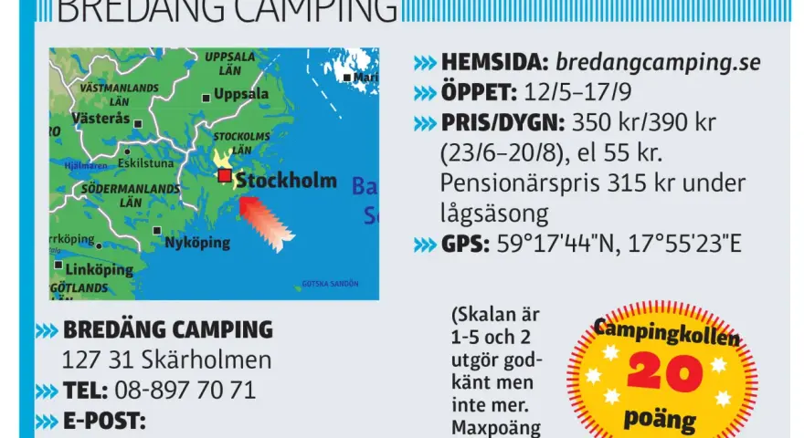 Bredäng Camping nära Stockholm. Information om öppettider, priser och GPS-koordinater. Telefon och e-post finns också.